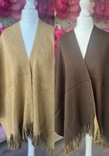 Ladies Reversible Knitted Cape  Winter Wrap Poncho Open Front Shawl Brown/Camel