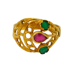 Indian 22ct Yellow Gold, Ruby & Emerald Floral Ring Antique c1920 Art Deco