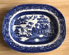 VINTAGE WILLOW PATTERN Blue & White China Meat Dish