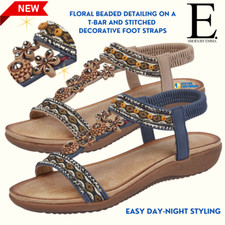 Shoes By Emma Ladies Sandals Floral Bead T-Bar Elastic Slingback Flat Slip On 