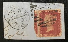 GB QV 1858 1d Penny Red Plate 74 JL LONDON Duplex On A Piece Good Used