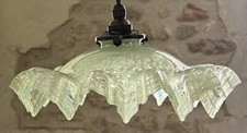 Vintage French marbled glass frilly coolie light shade green + brass fittings