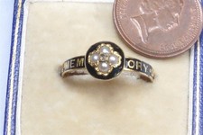 PEARL DIAMOND ENAMEL MOURNING RING - ANTIQUE ENGLISH VICTORIAN 18K GOLD c1883