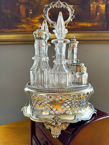 Silver metal carrier cruet set