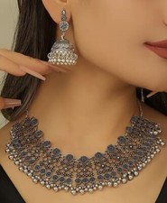 Indian Silver Oxidized Boho Jewellery Necklace Earrings Jhumka Set Beads Choker