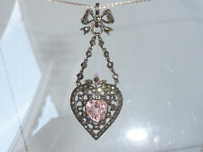 French Belle Epoque Pendant Sterling Silver Pink Paste Heart Marcasite Bow Drop