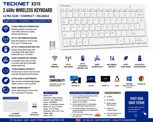 Tecknet wireless keyboard - tecknet, 2.4g