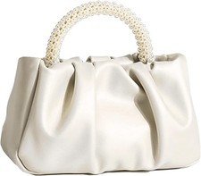 Beatfull Evening Purse Women Small Pearl Handbags Soft Leather Ruched White 