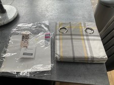 Next Ochre natural Check Woven Eyelet Fully Lined Curtains 53” width 54” drop BN