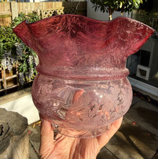 antique cranberry acid etched wavy top needle etched  oil lamp shade