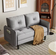 2 Seater Linen Fabric S Sofa Couch Settee Armchair with 2 Pockets Living Room Uk