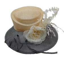 JACQUES VERT- Grey / Natural hat with Ivory flowers trim detail new in box