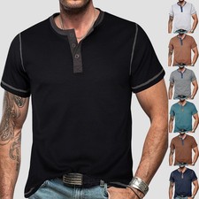 Mens Henley Shirts Tops Button V Neck Short Sleeve Casual Grandad T Shirt Tee