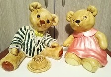 Two Large Pottery Teddy Bears Boy with boater hat, Girl in pearlescent dress