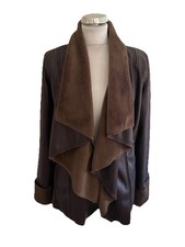 TU BROWN FAUX LEATHER LOOK WATERFALL COLLAR LONG SLEEVED UNLINED JACKET  SIZE 12