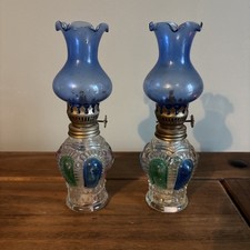 2 x Vintage Mini 7" Tall Hurricane Oil Lamp Red, Green, Blue Bubble  Lamp