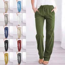 Women Cotton Linen Trousers Ladies Summer Casual Elastic Waist Bottoms Pants UK