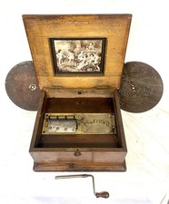 Antique Inlaid Walnut & Rosewood Polyphon Music Box with 2 Discs