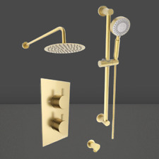 Round Brushed Brass Concealed Twin Thermostatic Shower Valve with Diverter 2 Out