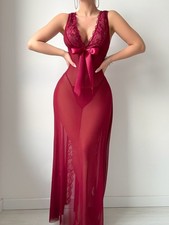 Women’s Sexy Lace Long Nightgown Set, Sheer 2-Piece Sleepwear Lingerie Dress