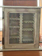 Vintage Distressed French Country Curio Cabinet Glass Door Vinyl Laced Shelves