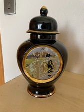 Japanese Chokin 8" Black Pot Vase jar Lid 24k Gold Edged Geisha Fuji
