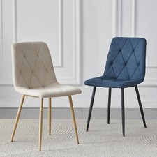 4/6X Dining Chairs Set Linen Fabric Padded Seat Metal Legs Kitchen Office Blue