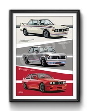 3 Iconic BMW Models in one llustration Print Poster - CSL, 2002 Turbo, E30 M3