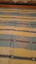 Vintage heavy weight 100% woollen blanket.  Primrose yellow, blue, grey. Clean.