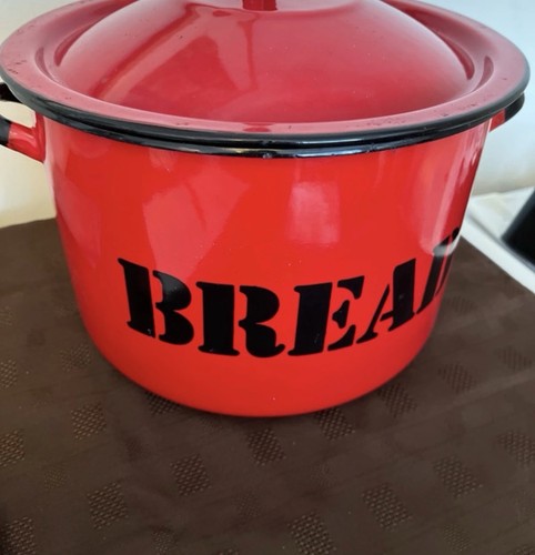 Vintage red enamel bread bin - enamel,