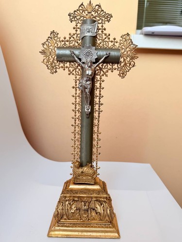Antique metal altar crucifix - antique,