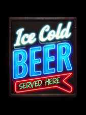 Neon Look Ice Cold Beer Metal sign, Ice Cold Beer Plaque, Neon Look Sign