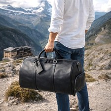 Men black leather gym bag - leather,