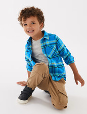 M&S BOYS BLUE/MUSTARD MIX BRUSHED COTTON CHECK SHIRT AGE 5-6 YEARS (REF 641)