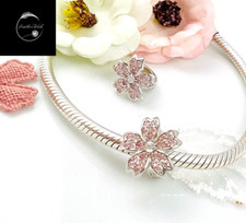 Sterling Silver 925 Charm Pink Daisy Stopper Spacer Bead- Family Friend Wife Mum