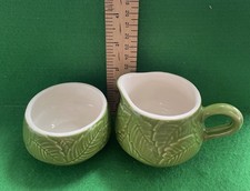 Vintage sauce jug & pot, green ceramic with mint leave pattern
