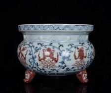 OLD CHINESE UNDERGLAZE RED BLUE AND WHITE INCENSE BURNER HONGWU MARKED ST860