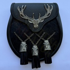 Scottish Handmade Stag Head Black Leather With Calfskin Kilt Sporran For Sale