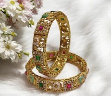 Women Rajwadi Gold Plated Cubic Stone Motti Studded Elephant Bangles Size 2.6