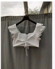 Zara White Cotton Blend Frilly Cropped Blouse Top UK 14 New