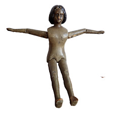 Antique Wooden Carved Doll Primitive Lay Figure Woman Glass Eyes Articulated
