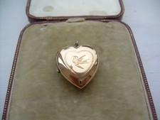 Antique Edwardian 9ct Gold Back & Front Plump Heart Locket Pendant Engraved Bird