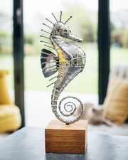Michael Turner Seahorse Sculpture - Handcrafted Stainless Steel on Hardwood Base