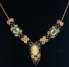 Antique Jewellery Shell cameo necklace with filigree metalwork and blue stones
