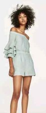 FAB Zara Pale Green 100% Linen Bardot Ruffle Sleeve Playsuit Size M UK 10 VGC