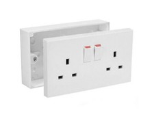 2 Way White Twin Double Switch Wall Socket + 25mm Surface Pattress Back Box 13a