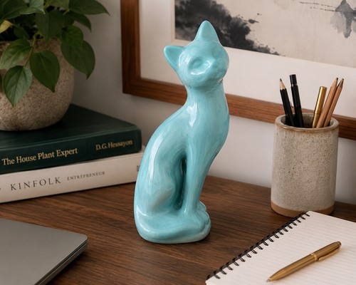 Vintage turquoise ceramic cat - ceramic,