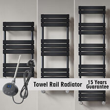 Electric Towel Radiator With Thermostatic Bathroom Heater Black Flat Panel Timer