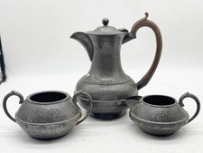 ANTIQUE CRAFTSMAN SHEFFIELD PEWTER TEA SET HAMMERED METAL POT CREAMER SUGAR BOWL