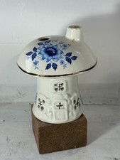 Mushroom House Lantern Candleholder Incense Burner Clay Pottery Blue & White